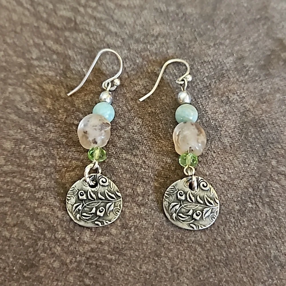 HANDMADE Rustic African Glass Amazonite Beaded Dangle Hook Earrings